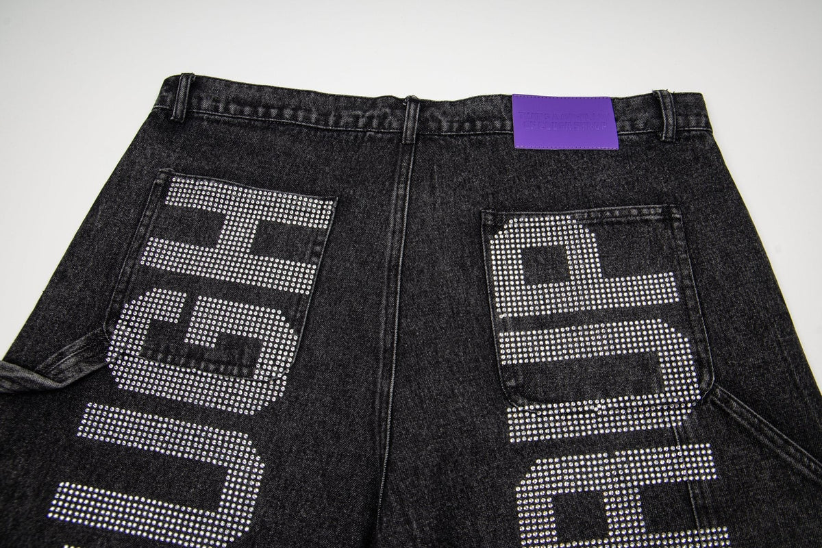 THAT'S A AWFUL LOT OF COUGH SYRUP Rhinestone Washed Denim Shorts — detail